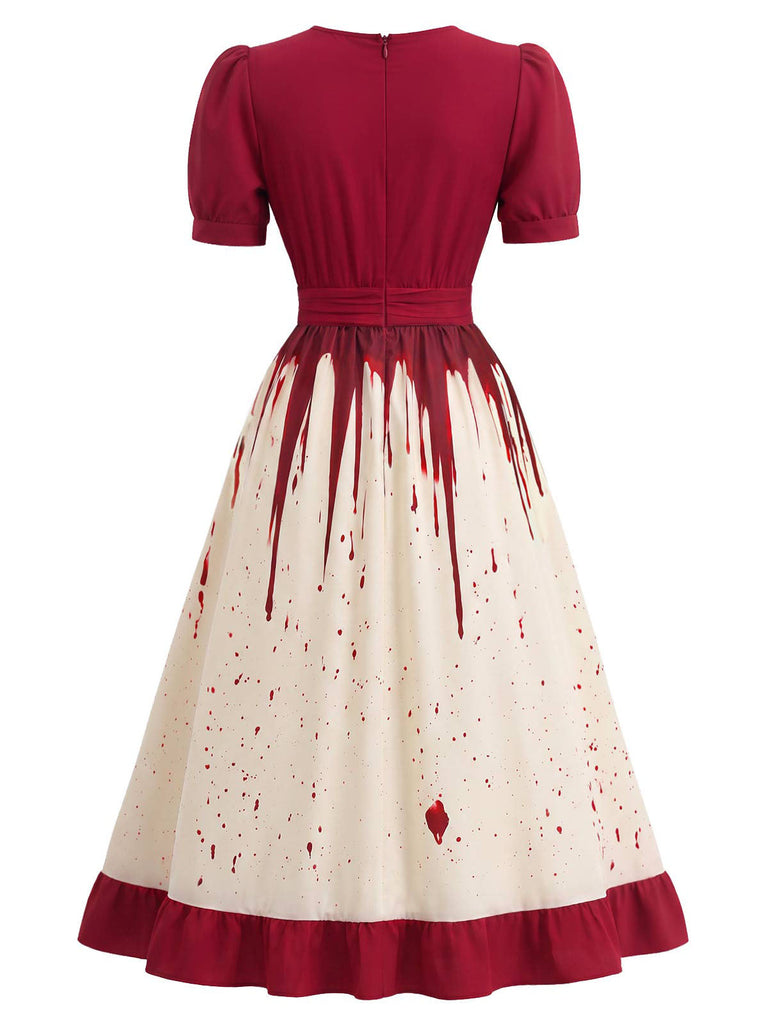 Weißes & Rotes 50er Halloween Kleid mit Bluttropfen-Print