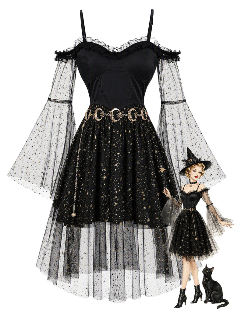 50er Cold-Shoulder Kleid mit Sternen-Mond-Print, Tüll und Glockenärmeln