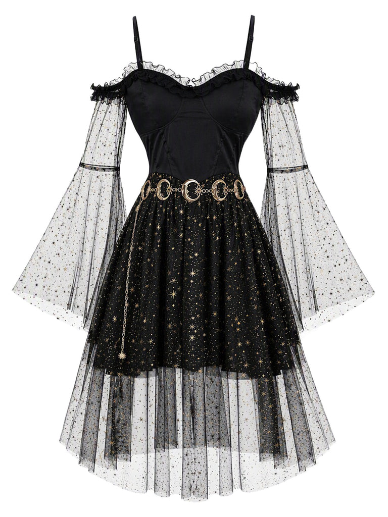 50er Cold-Shoulder Kleid mit Sternen-Mond-Print, Tüll und Glockenärmeln