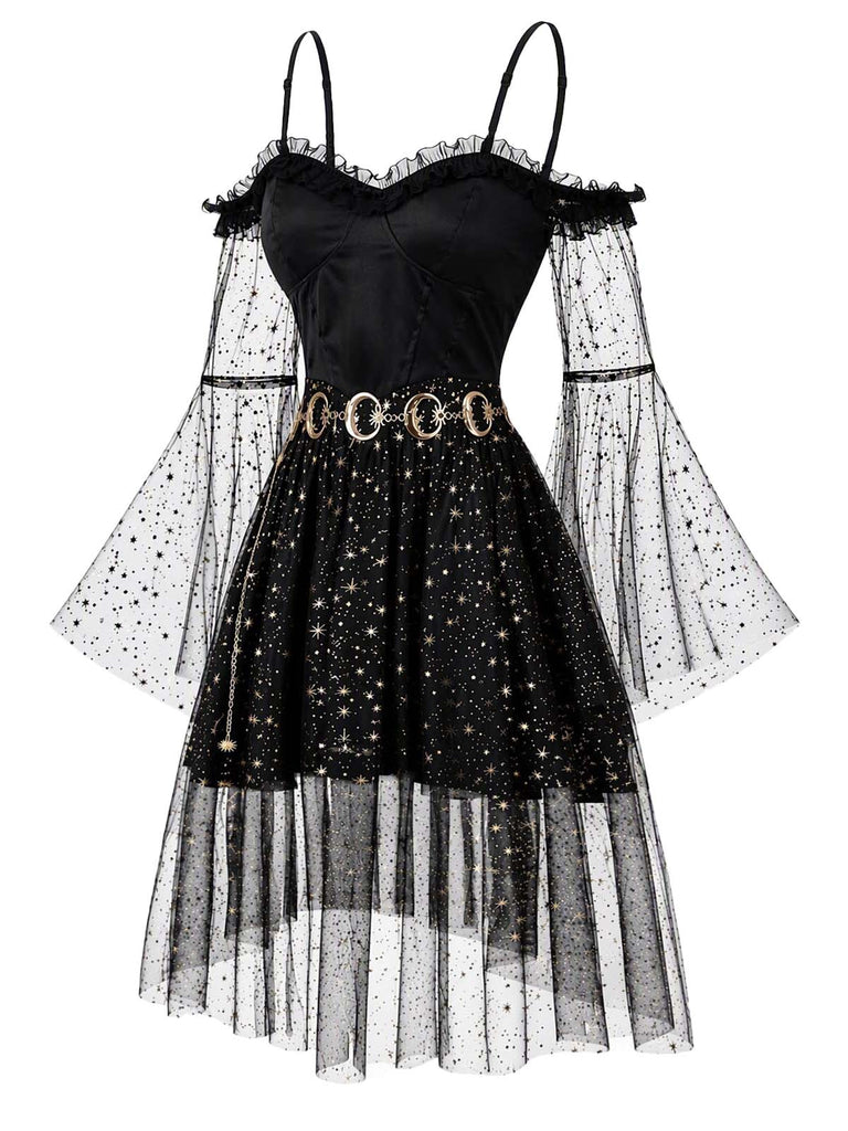50er Cold-Shoulder Kleid mit Sternen-Mond-Print, Tüll und Glockenärmeln