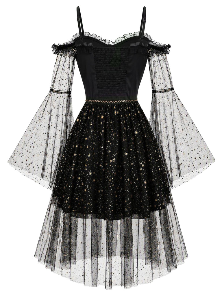 50er Cold-Shoulder Kleid mit Sternen-Mond-Print, Tüll und Glockenärmeln