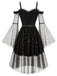 50er Cold-Shoulder Kleid mit Sternen-Mond-Print, Tüll und Glockenärmeln