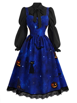 40er Halloween-Set aus Katzen-Kürbis-Kleid und Bluse mit Virago-Ärmeln