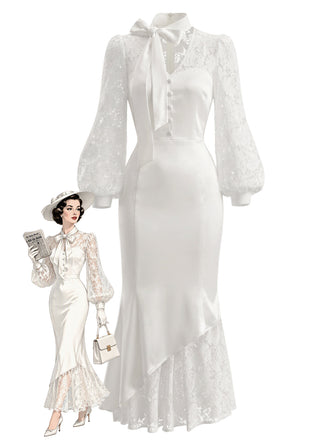 Weißes 30er Satin-Meerjungfrauenkleid mit Puffärmel und Schleife