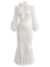 Weißes 30er Satin-Meerjungfrauenkleid mit Puffärmel und Schleife