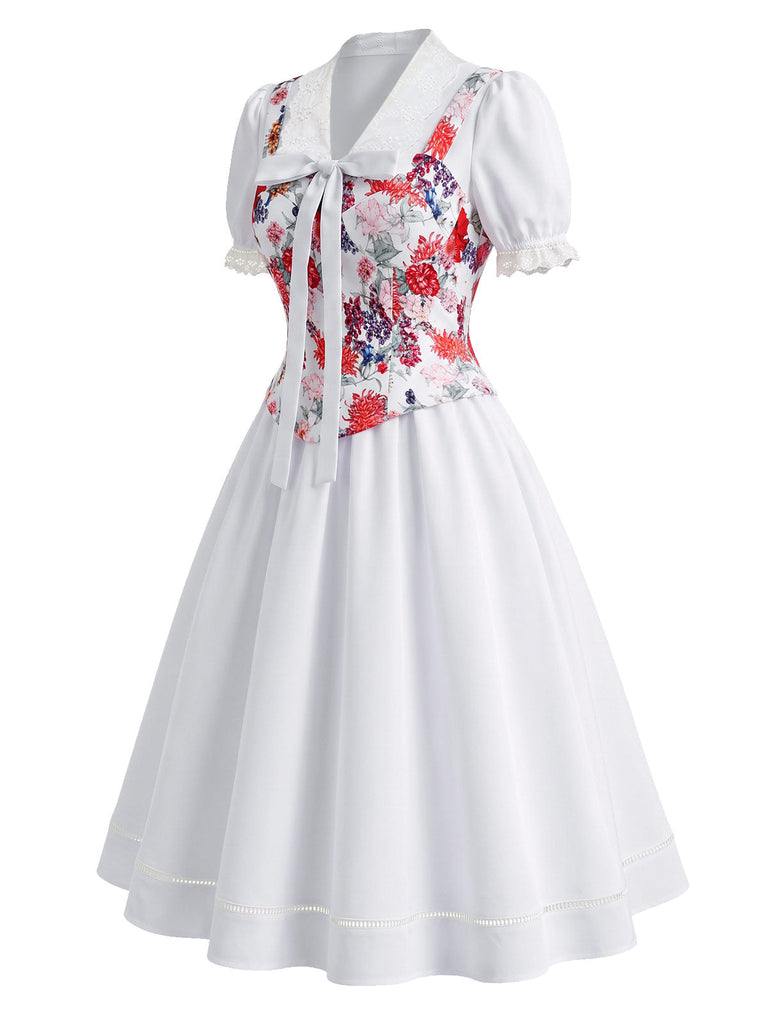 50er Set mit Blumenkorsett & weißem Schleifenkleid
