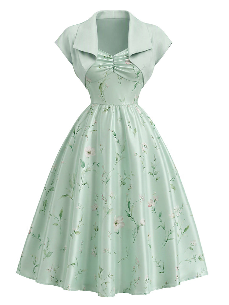 40er Set mit Bolerojacke und Satin-Blumenkleid mit Herzausschnitt