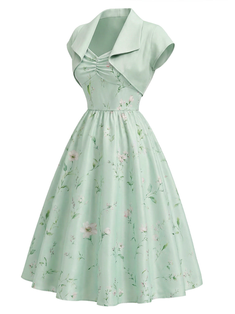 40er Set mit Bolerojacke und Satin-Blumenkleid mit Herzausschnitt
