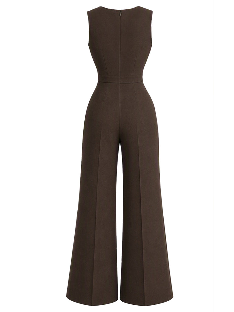 Dunkelbrauner 30er Jumpsuit mit Taschen und weitem Bein