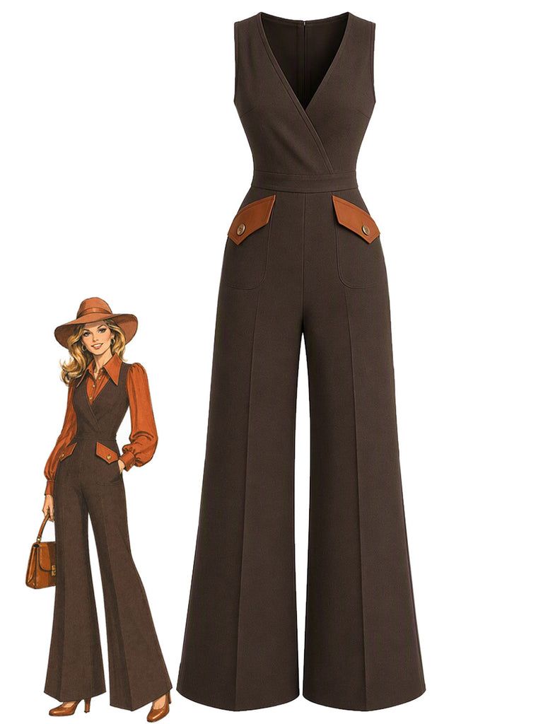 Dunkelbrauner 30er Jumpsuit mit Taschen und weitem Bein