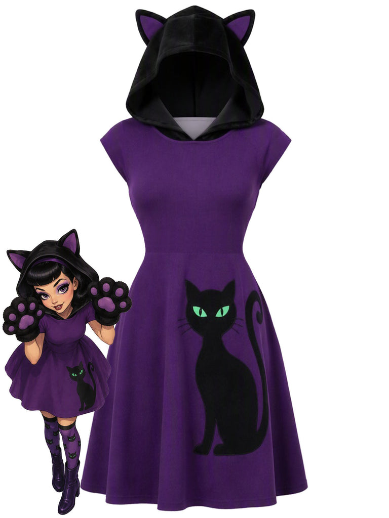 60er Kapuzenkleid mit Katzenapplikation und Katzenohren