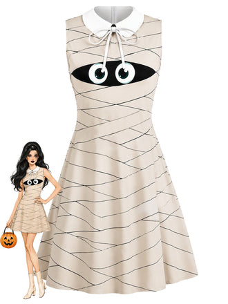 [Vorverkauf] 60er ärmelloses Kleid mit Mumien-Print und Peter-Pan-Kragen