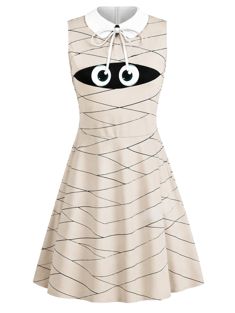 60er ärmelloses Kleid mit Mumien-Print und Peter-Pan-Kragen