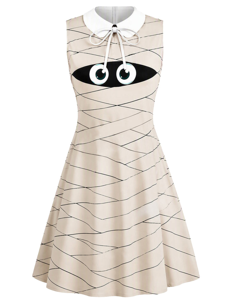 [Vorverkauf] 60er ärmelloses Kleid mit Mumien-Print und Peter-Pan-Kragen