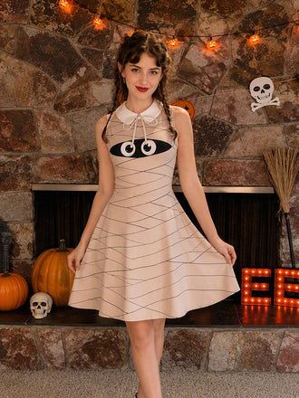 [Vorverkauf] 60er ärmelloses Kleid mit Mumien-Print und Peter-Pan-Kragen