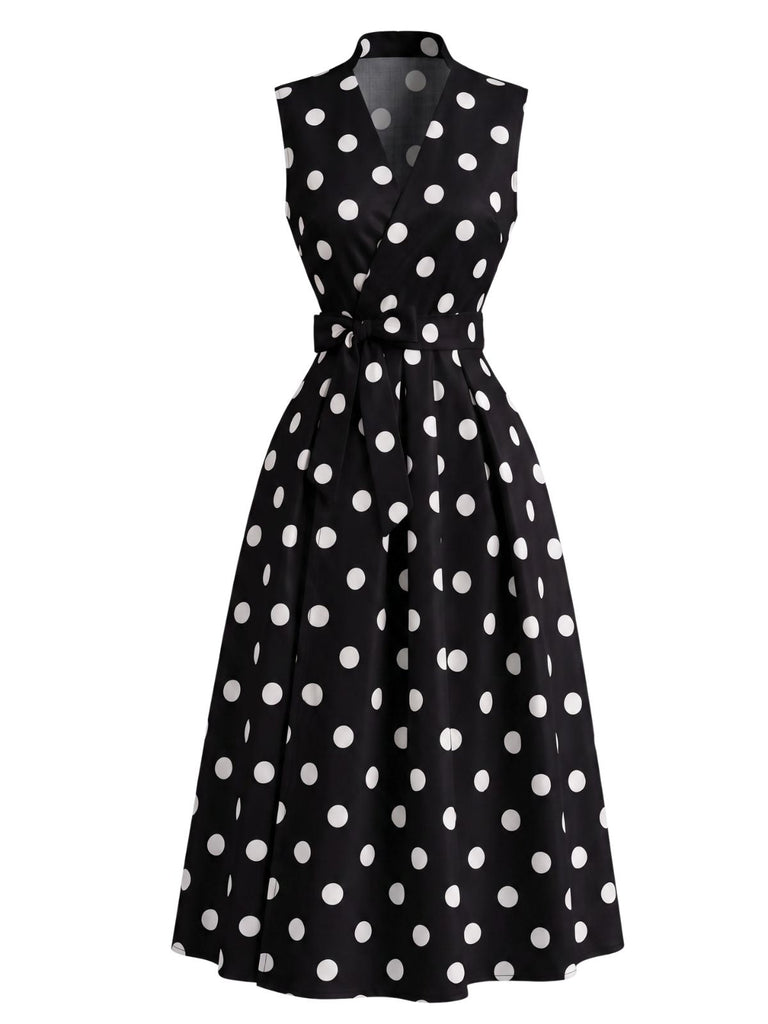 50er Ärmelloses Kleid mit Polka-Dots und Schleife