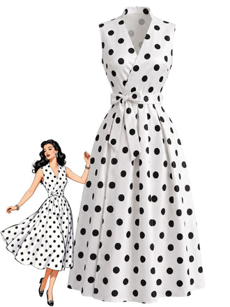 50er Ärmelloses Kleid mit Polka-Dots und Schleife