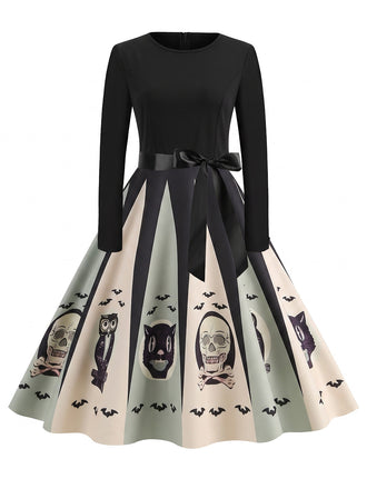 Schwarzes 50er Halloween Swingkleid mit Bat-Print und Totenkopf