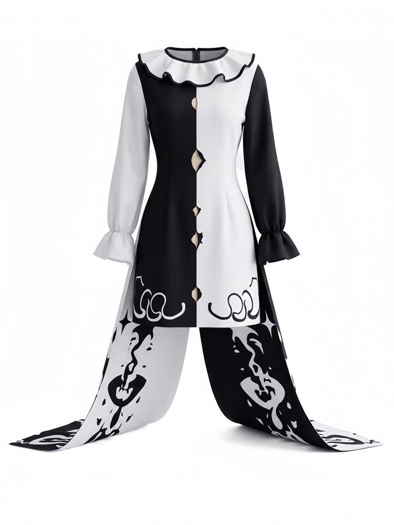 Schwarz-weißes 50er Horrorclown-Kleid mit Rüschenkragen