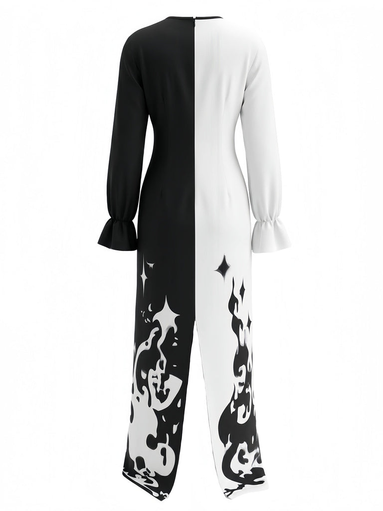 Schwarz-weißes 50er Horrorclown-Kleid mit Rüschenkragen