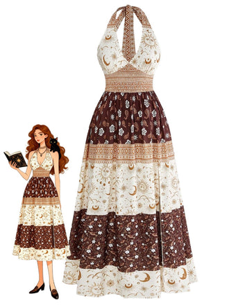 Braunes 70er Boho Smockkleid mit Blumen sowie Sternen und Mond