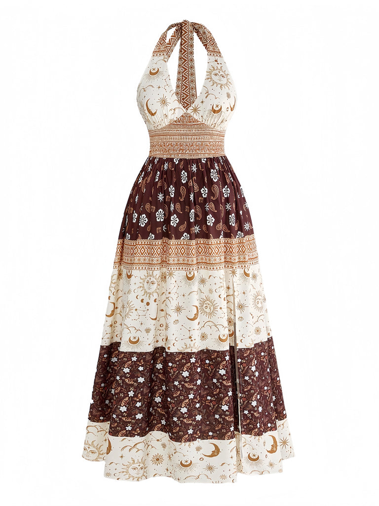 Braunes 70er Boho Smockkleid mit Blumen sowie Sternen und Mond