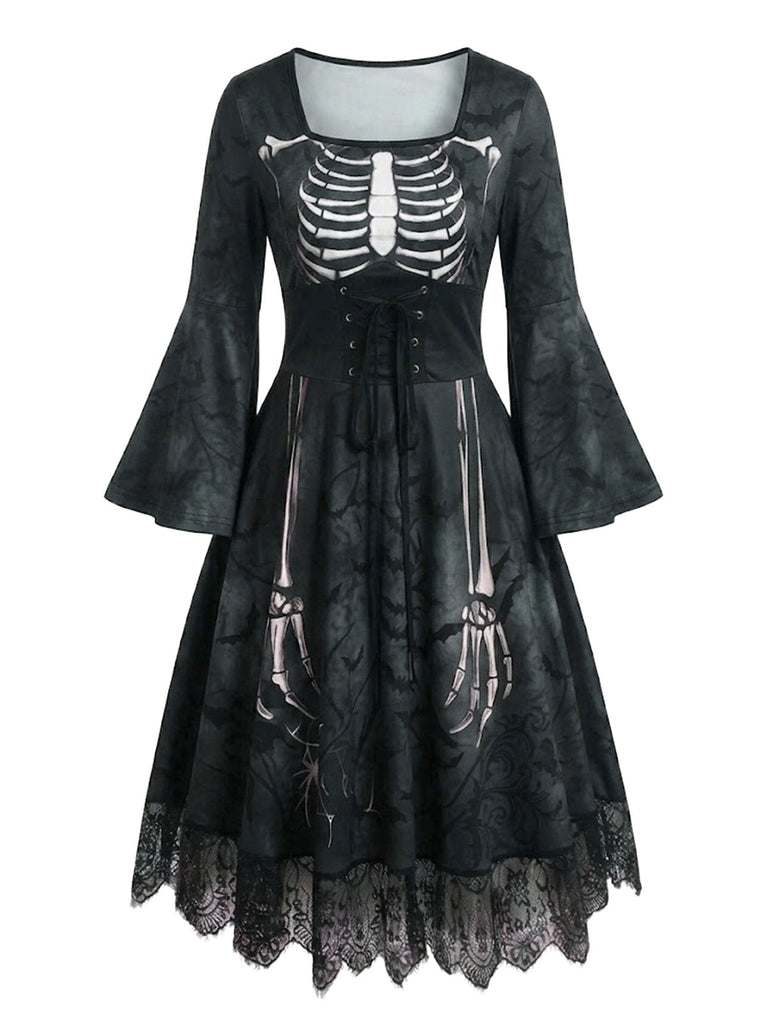 50er Gothic Halloween Skelett-Kleid mit Glockenärmeln