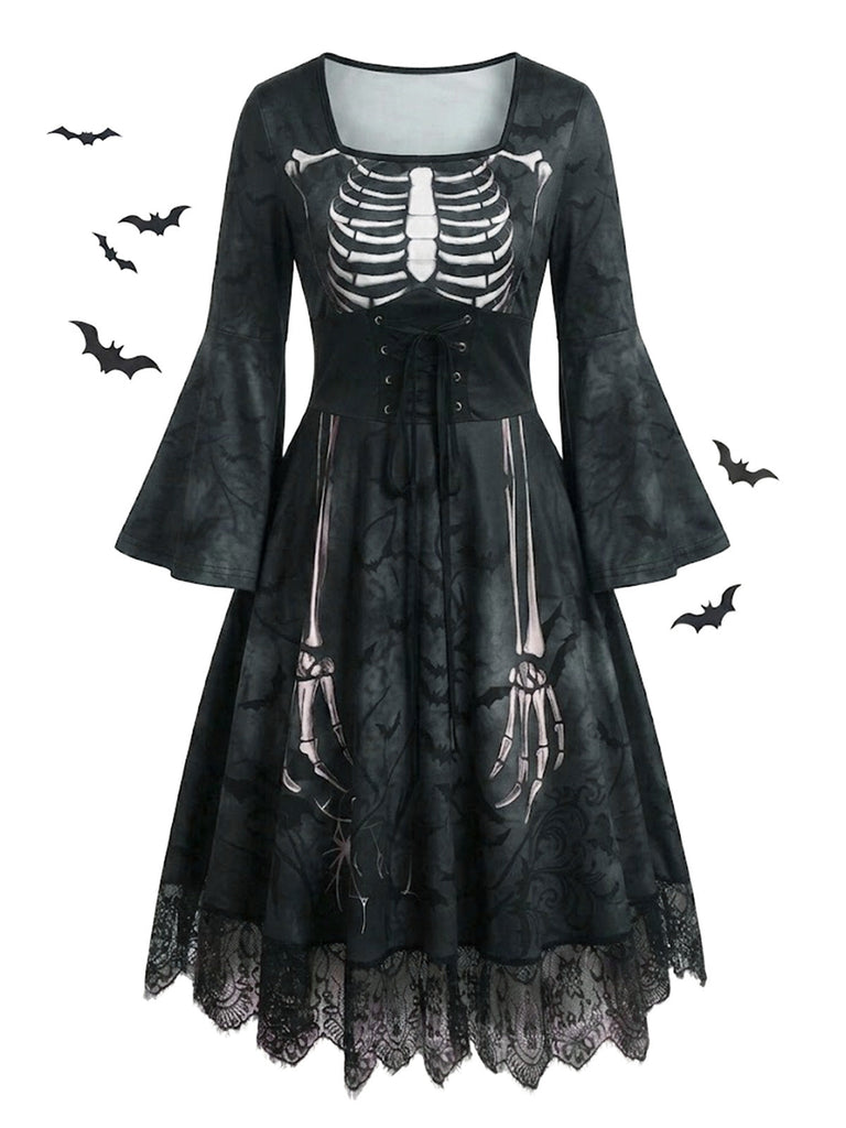 50er Gothic Halloween Skelett-Kleid mit Glockenärmeln