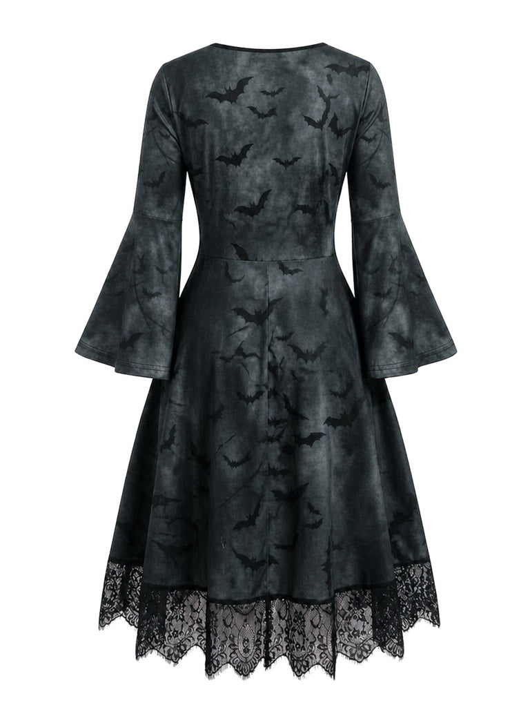 50er Gothic Halloween Skelett-Kleid mit Glockenärmeln