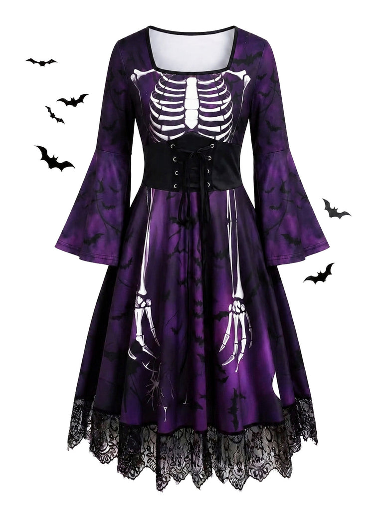 50er Gothic Halloween Skelett-Kleid mit Glockenärmeln