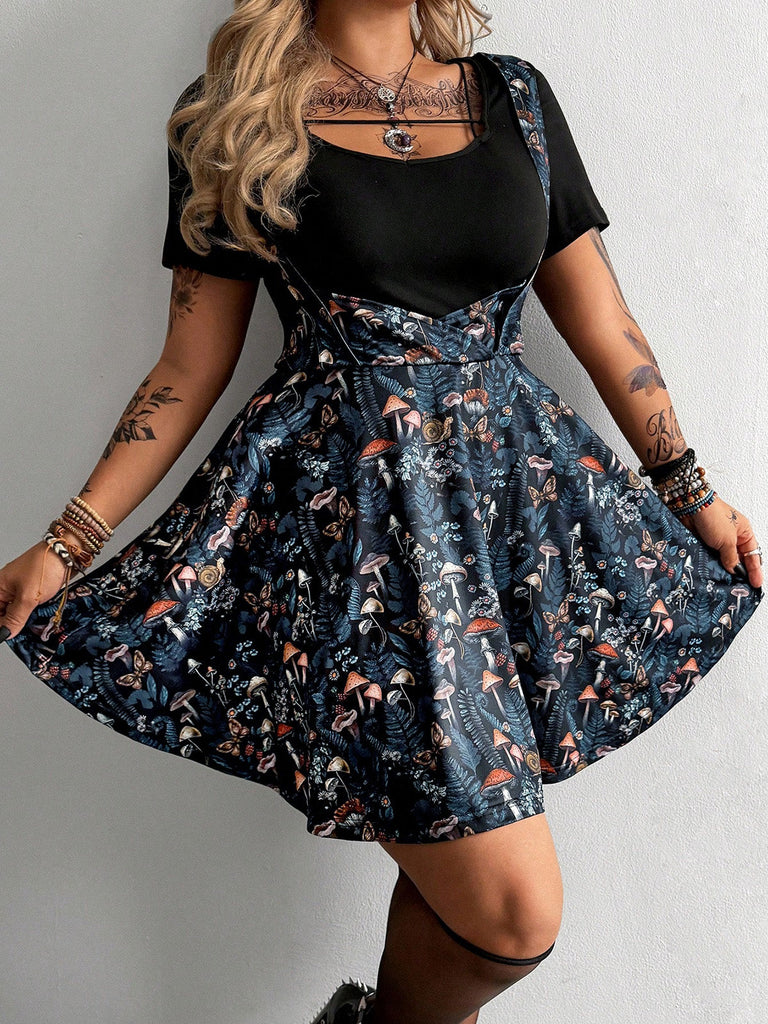 50er Pilz-Gothic-Kleid mit V-Ausschnitt und Fake-Zweiteiler