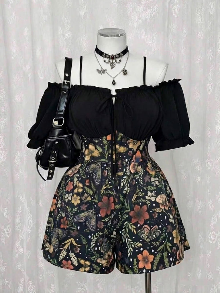 70er schulterfreier Romper mit Schlangen- und Sternenprint