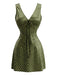 Gelbgrünes 70er Satin-Minikleid mit V-Ausschnitt und Punkten