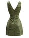 Gelbgrünes 70er Satin-Minikleid mit V-Ausschnitt und Punkten