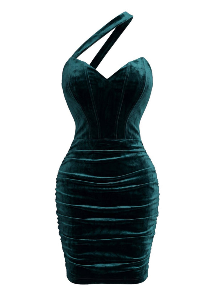 60er One-Shoulder-Bodycon-Kleid aus Samt mit Raffungen