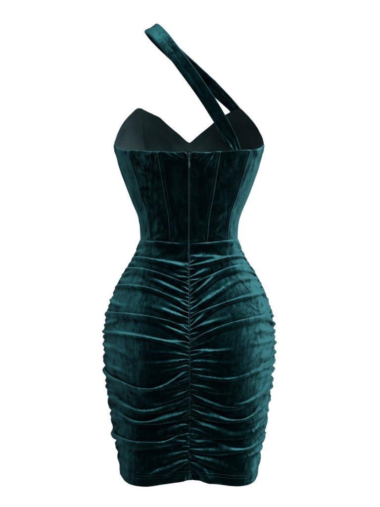 60er One-Shoulder-Bodycon-Kleid aus Samt mit Raffungen