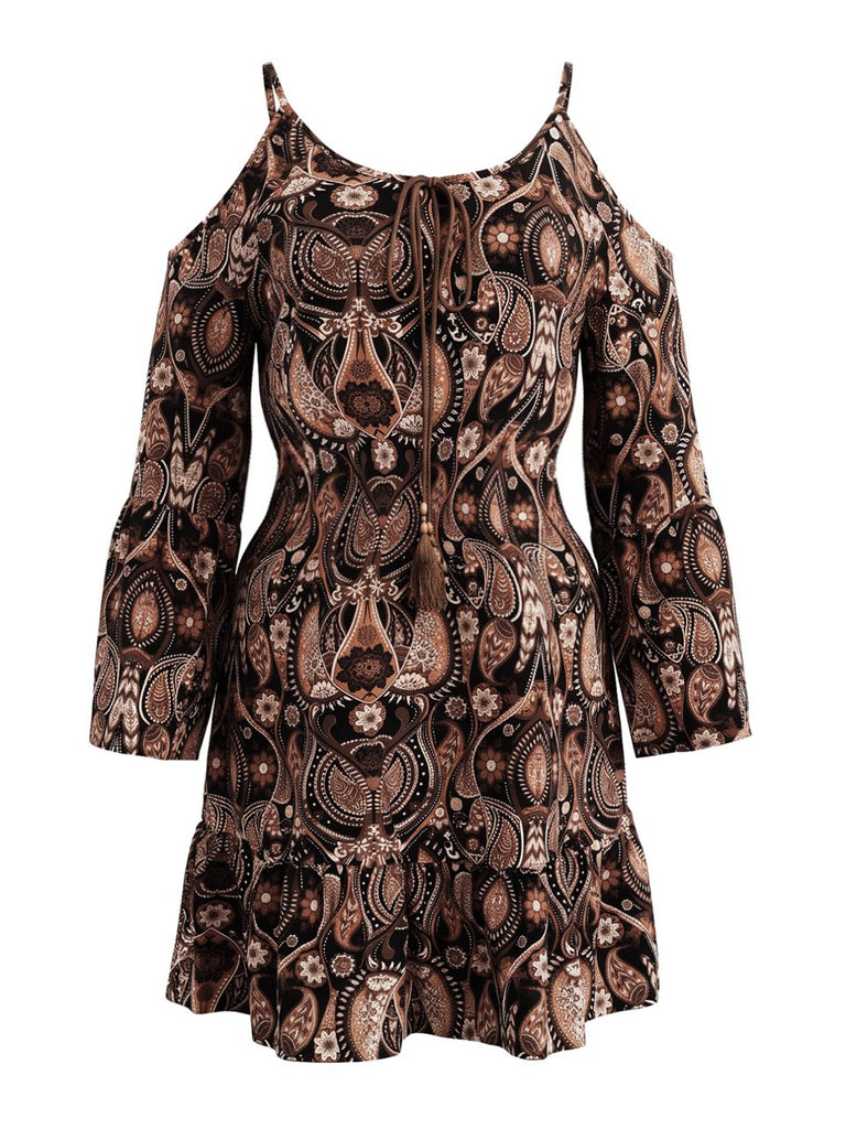 [Übergröße] 70er Cold-Shoulder Minikleid mit Paisley
