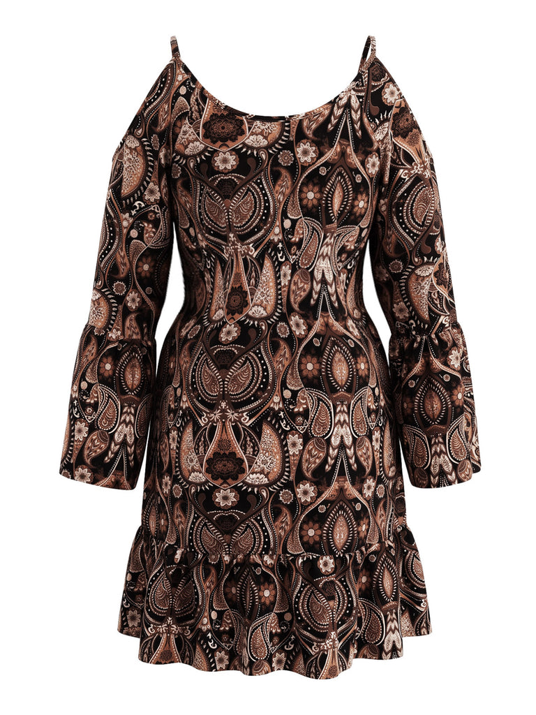 [Übergröße] 70er Cold-Shoulder Minikleid mit Paisley