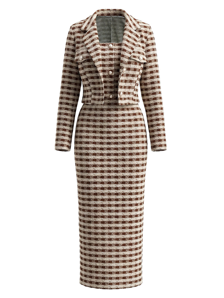 60er Set aus Blazer & Kleid in Karotweed mit Perlenknöpfen