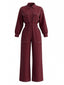 Weinroter 80er Utility-Jumpsuit mit Revers und Kontrastnähten