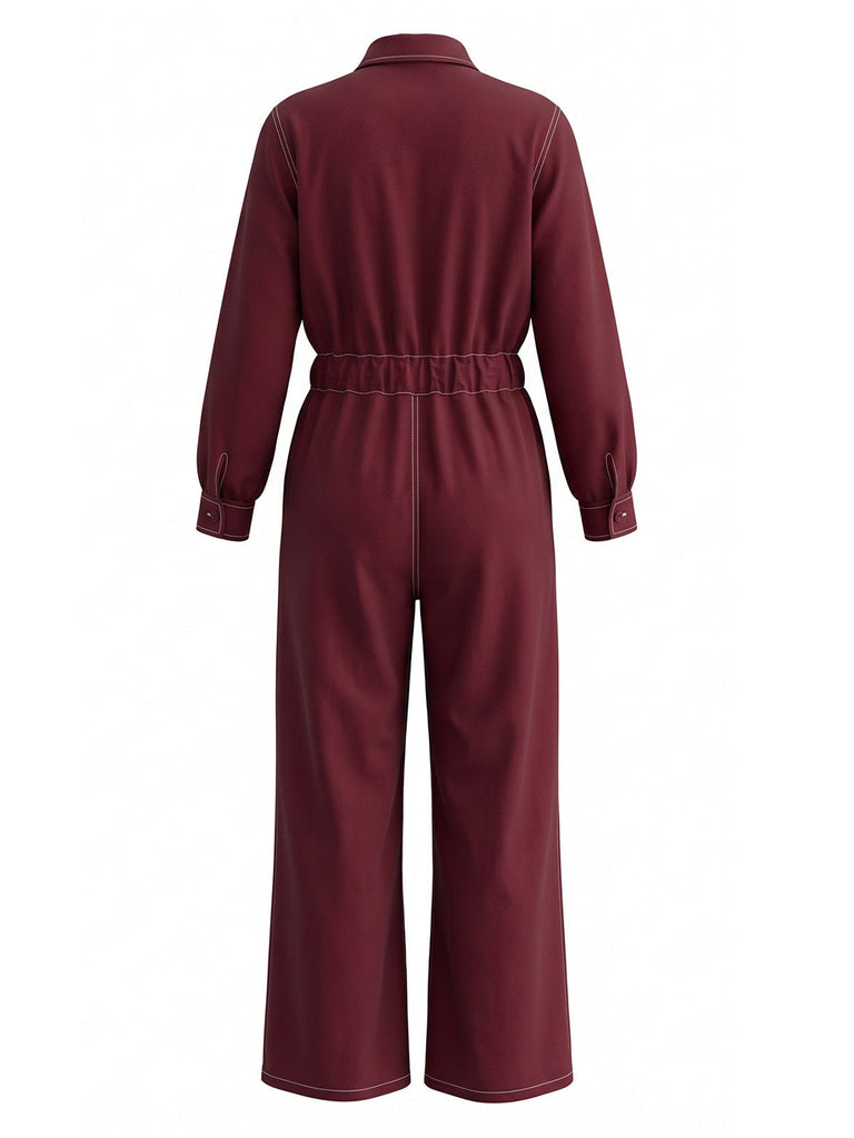 Weinroter 80er Utility-Jumpsuit mit Revers und Kontrastnähten
