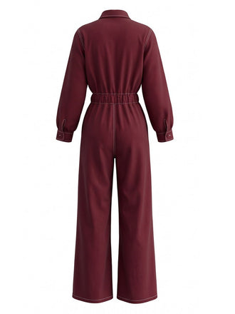 Weinroter 80er Utility-Jumpsuit mit Revers und Kontrastnähten