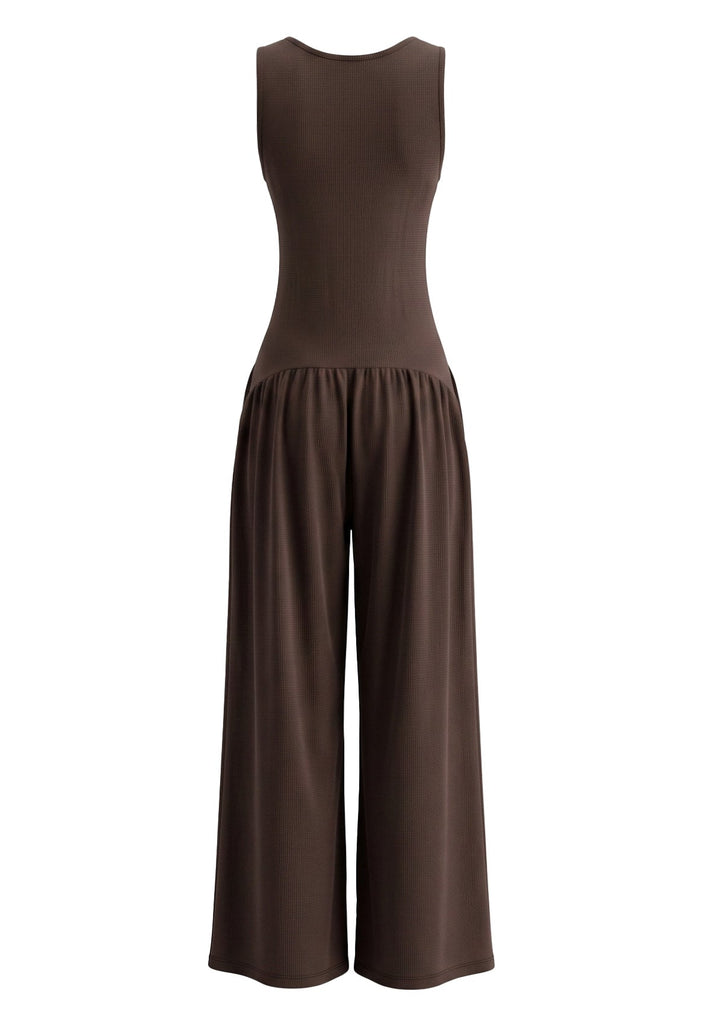 Brauner 70er ärmelloser Jumpsuit mit V-Ausschnitt und weiten Beinen