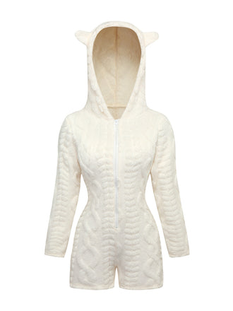 80er Fleece-Kapuzenromper mit Teddybärstickerei