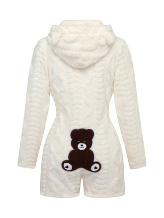 80er Fleece-Kapuzenromper mit Teddybärstickerei