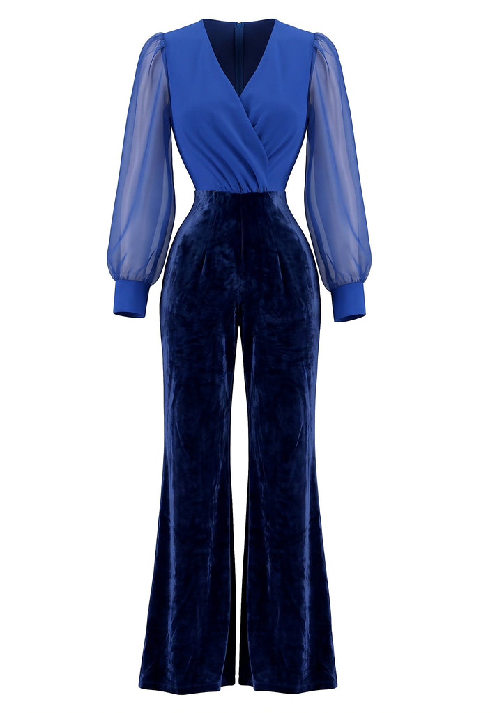 Kobaltblauer 70er Jumpsuit mit Samthose und transparenten Ärmeln