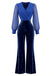 Kobaltblauer 70er Jumpsuit mit Samthose und transparenten Ärmeln