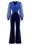Kobaltblauer 70er Jumpsuit mit Samthose und transparenten Ärmeln
