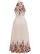 50er Blumen-Plissee-Maxikleid mit Neckholder und Taillenschleife