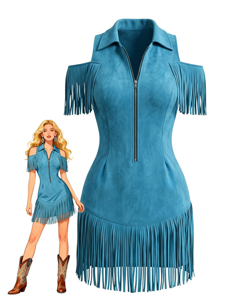 70er Cold-Shoulder Kleid mit Reverskragen und Fransen